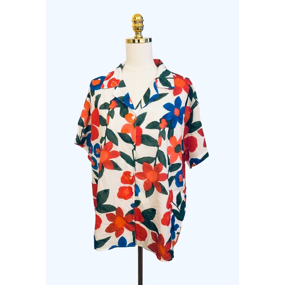 Cider Women's Floral Blouse Large Flowy Button Short Sleeve
